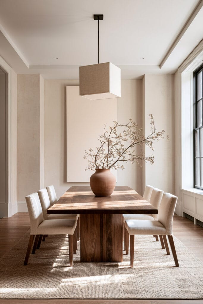 Beige and cream dining room with warm walnut dining table, upholstered chairs, neutral rug, terracotta vase, and natural sunlight.