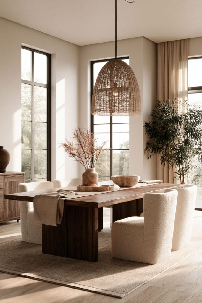 Bright dining room with chocolate brown wood table, cream boucle chairs, beige curtains, woven pendant, and warm natural light.