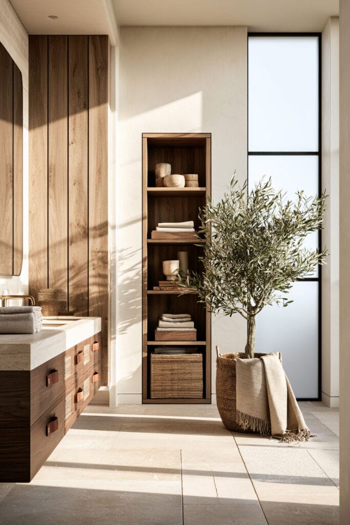 Bright bathroom with chocolate brown wood vanity, warm wood paneling, dark wood shelving, cream stone, woven textures, and olive tree.