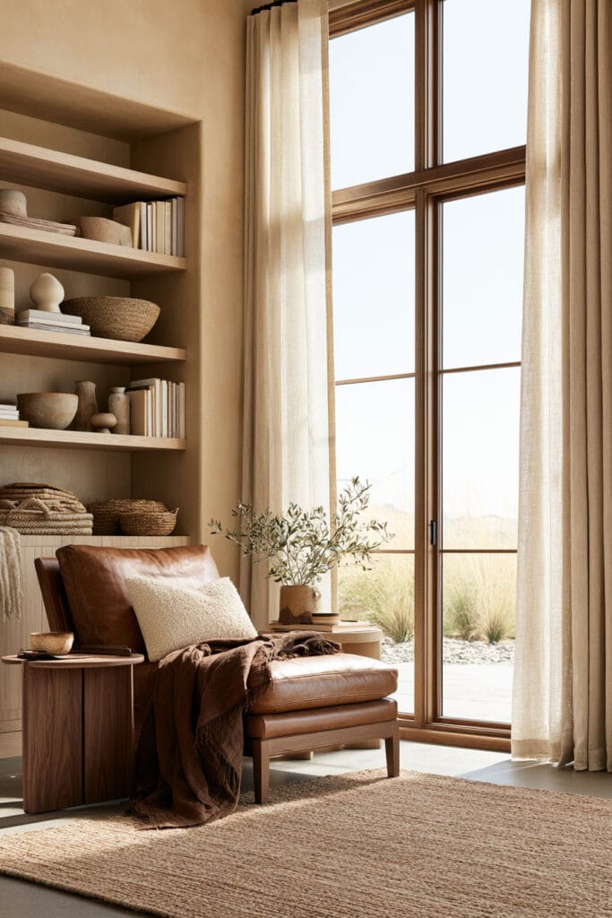 Warm reading nook with brown leather chair, chocolate brown throw, dark wood side table, built-in shelves, and cream linen curtains.