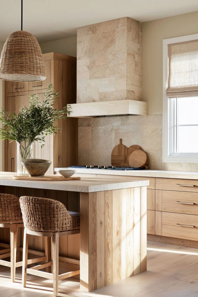 Timeless warm neutral kitchen with natural wood cabinets, wood island, cream stone backsplash, woven stools, and basket pendant light.