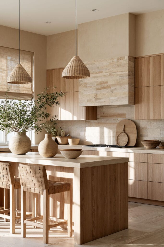 Warm minimalist kitchen with natural wood cabinets, a wood island, creamy stone countertops, woven stools, rattan pendant lights, and earthy neutral decor.