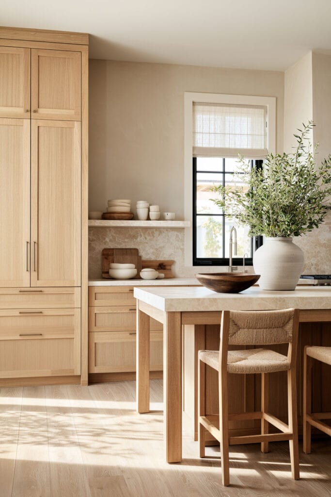 Beige and cream kitchen with warm natural wood cabinets, stone countertops, woven counter stools, neutral ceramics, and greenery.