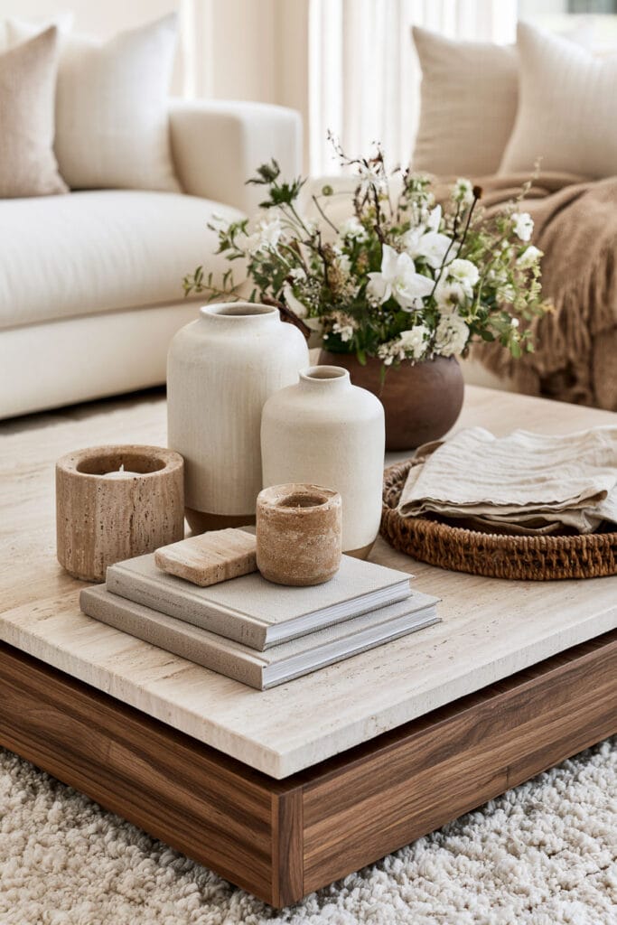 Chocolate brown wood coffee table with travertine top, textured ceramics, woven accents, linen, and warm neutral living room decor.