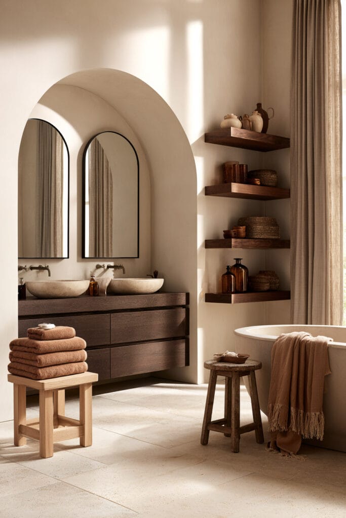 Warm bathroom layered with chocolate brown vanity, dark wood shelves, caramel towels, beige stone, and natural sunlight.