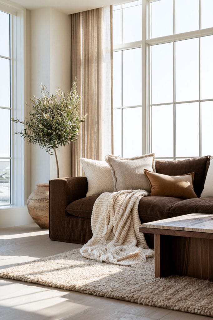 Chocolate brown sofa with cream textured pillows, chunky knit throw, dark wood coffee table, neutral rug, and olive tree in a bright home.
