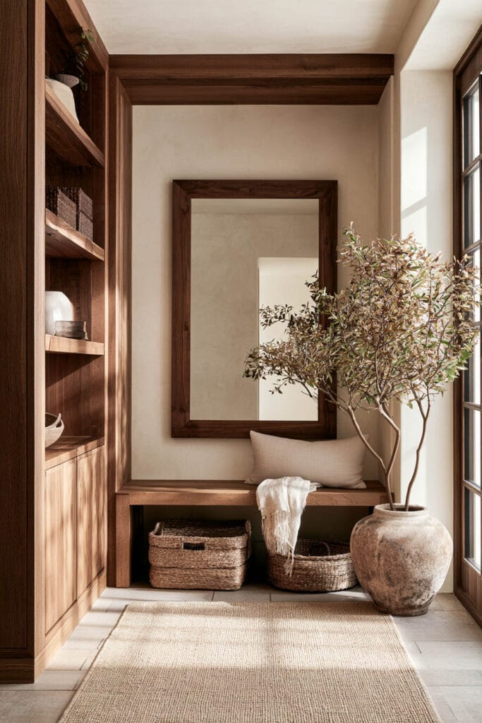 Timeless warm neutral entryway with rich wood built-ins, wood bench, framed mirror, woven baskets, aged pottery planter, and cream walls.