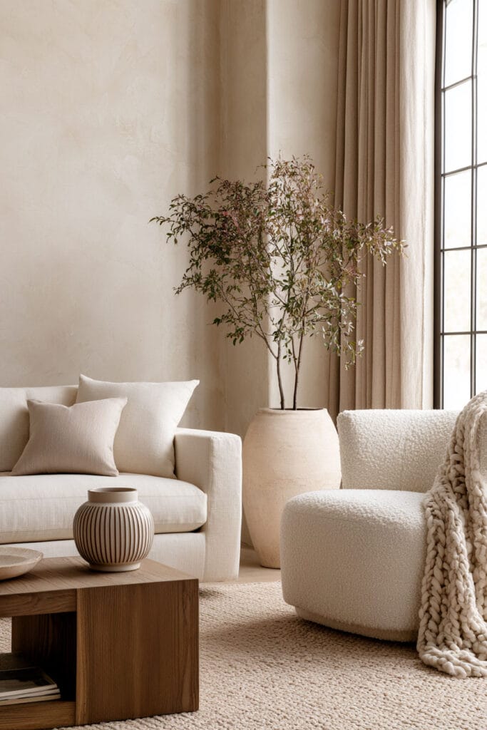 Warm minimalist living room with cream linen sofa, bouclé chair, chunky knit throw, woven rug, wood coffee table, and textured neutral decor.