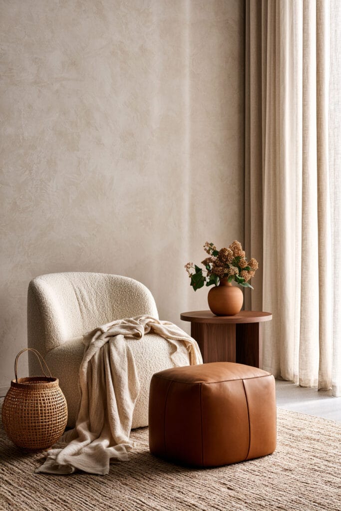 Beige, brown, and cream reading corner with bouclé chair, caramel leather ottoman, woven rug, wood side table, and linen curtains.