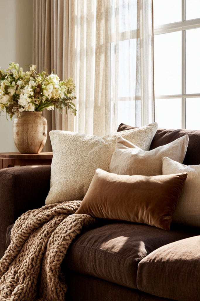 Chocolate brown sofa styled with cream textured pillows, caramel velvet cushion, chunky knit throw, and warm natural light.