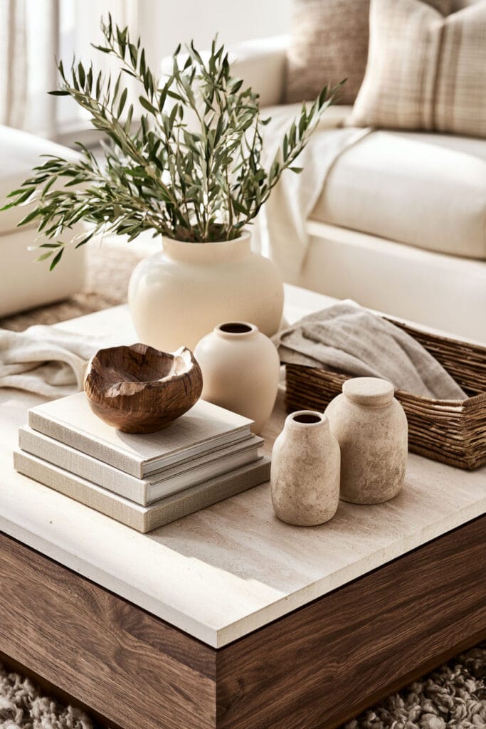 Chocolate brown wood coffee table with cream stone top, ceramic vases, wooden bowl, woven basket, and natural greenery.