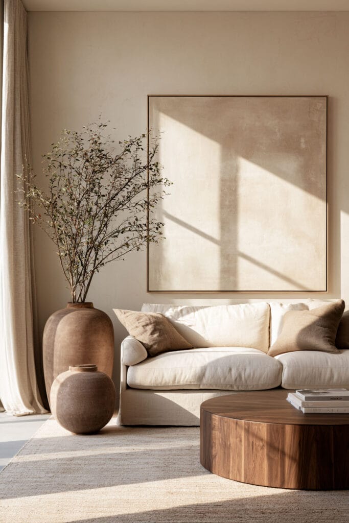 Timeless warm neutral living room with oversized neutral artwork, cream sofa, large ceramic vases, round wood coffee table, and beige rug.