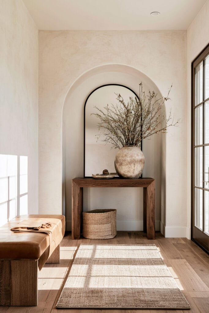 Warm minimalist entryway with an oversized arched mirror, large ceramic vase with branches, walnut console table, leather bench, and neutral woven rug.