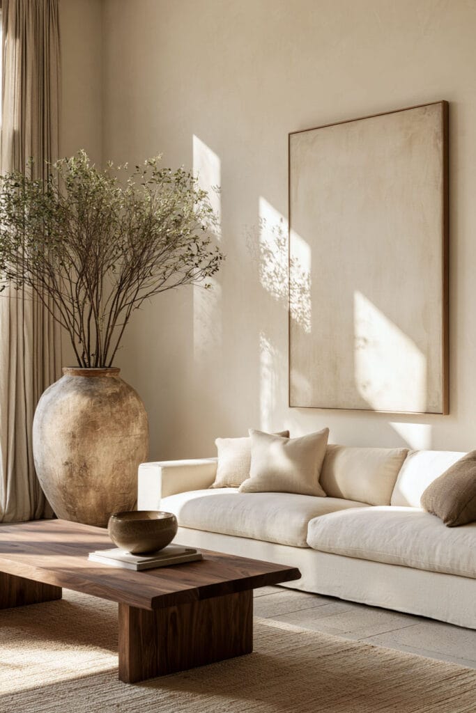 Beige, brown, and cream living room with cream sofa, oversized rustic vase, large neutral artwork, dark wood coffee table, and textured rug.
