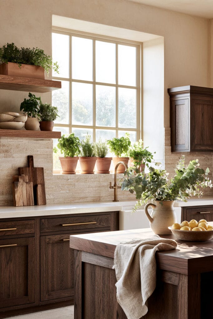 Chocolate brown kitchen cabinets with warm wood island, cream countertops, terracotta pots, fresh herbs, and natural greenery.
