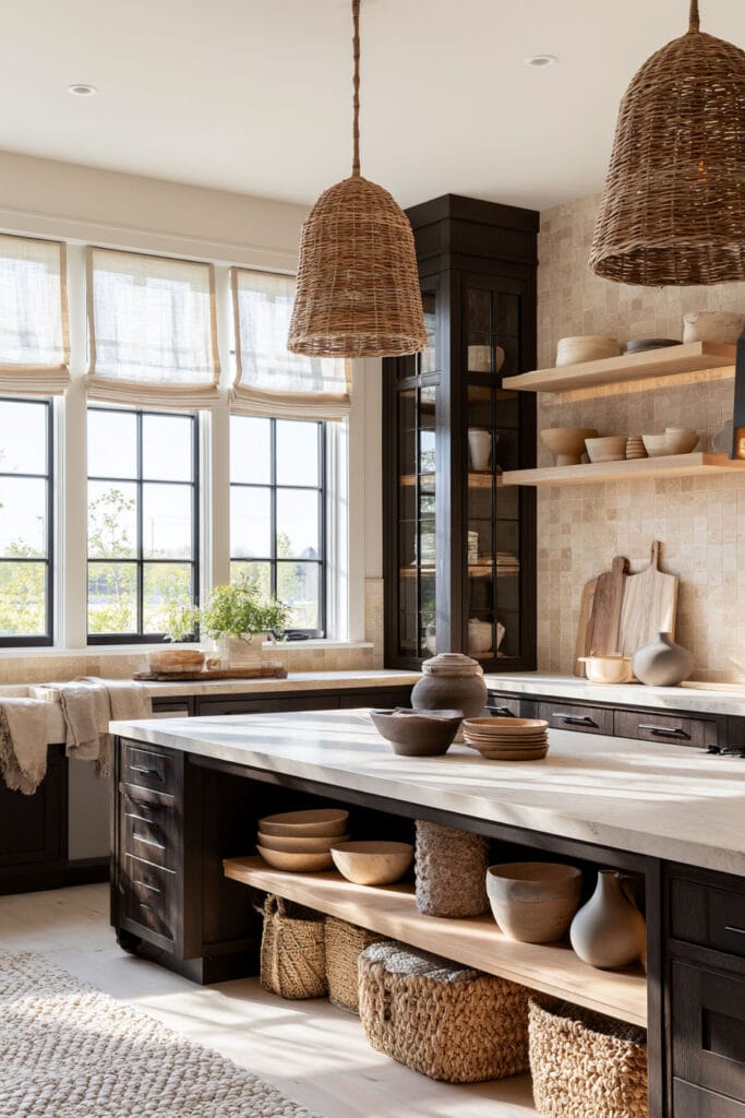 Chocolate brown kitchen with cream stone countertops, woven pendant lights, wood shelves, natural baskets, pottery, and bright natural light.