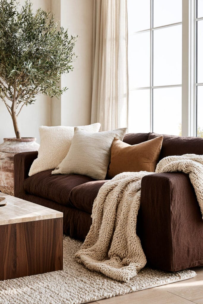 Chocolate brown sofa with cream textured pillows, chunky knit throw, wood coffee table, neutral rug, and olive tree.