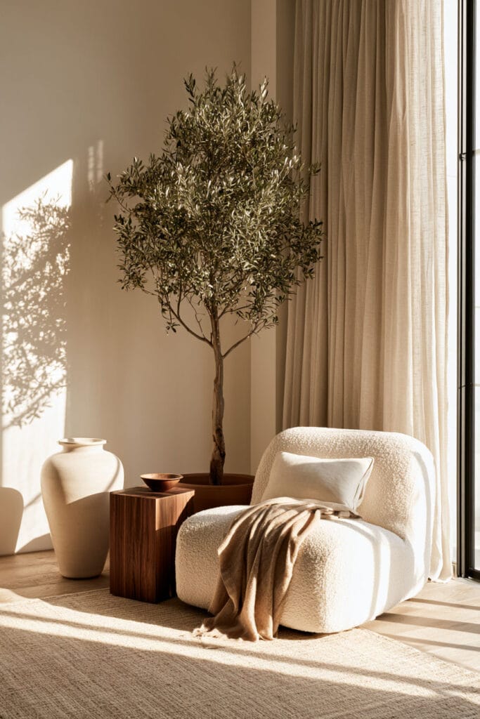 Timeless warm neutral reading corner with cream boucle chair, oversized olive tree, linen curtains, wood side table, and large ceramic vase.