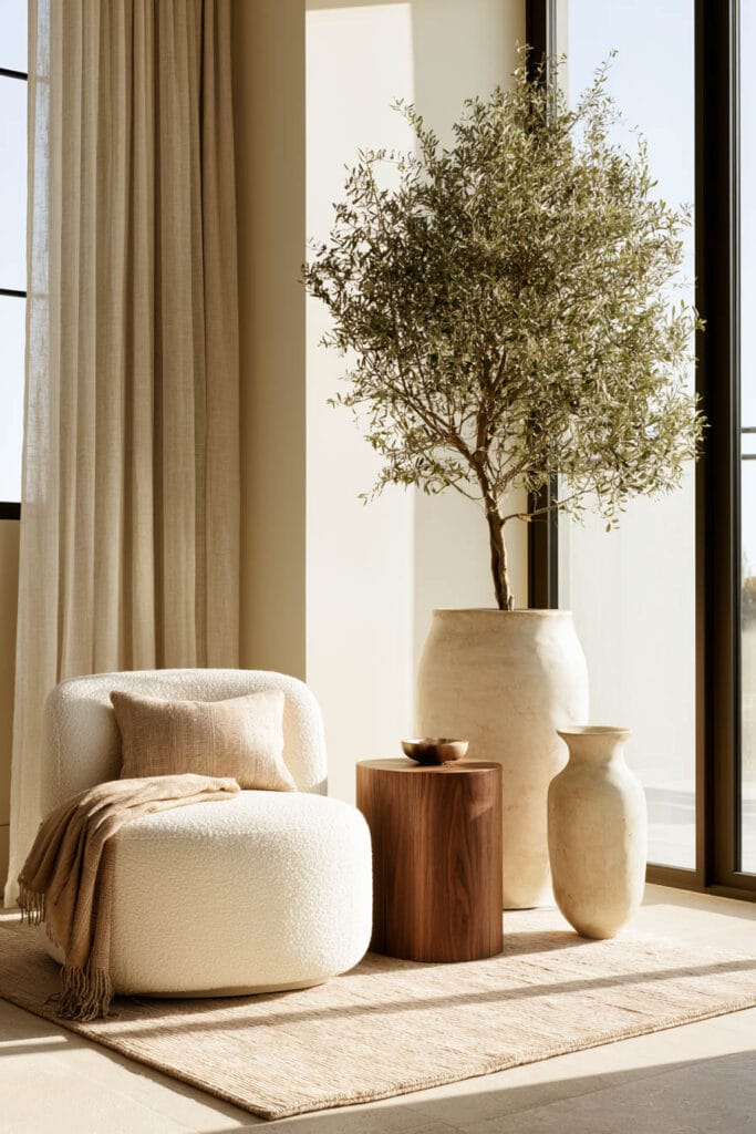 Warm minimalist sitting area with an oversized potted olive tree, ivory bouclé chair, walnut side table, large ceramic vases, and neutral linen curtains.