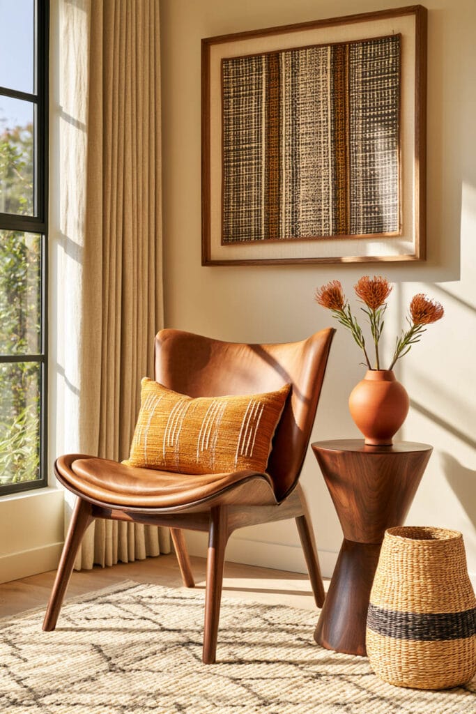 Afrohemian reading corner with cognac leather chair, dark wood table, woven basket, terracotta vase, patterned textile art, and earthy decor.