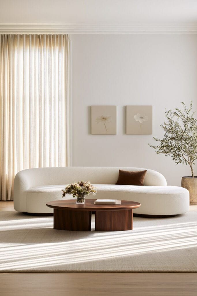 Neutral living room with curved cream sofa, round wood coffee table, linen curtains, and warm natural decor.