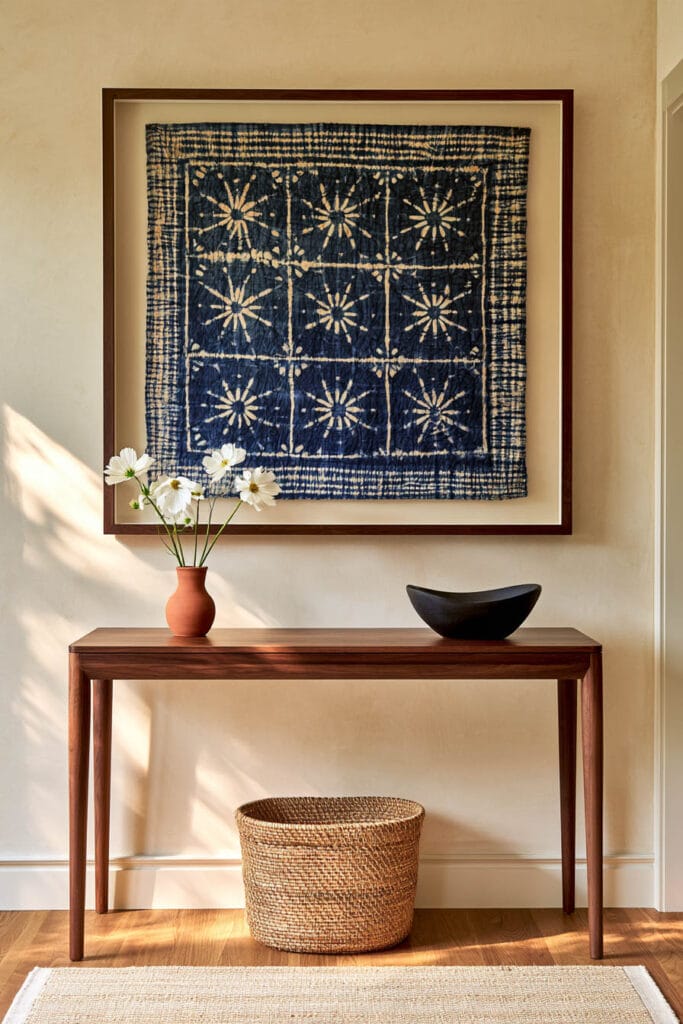 Afrohemian entryway with framed indigo Adire-style textile, warm wood console table, woven basket, terracotta vase, and sculptural black bowl.