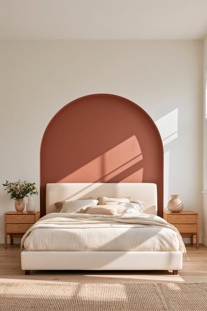 Terracotta painted arch behind a cream upholstered bed with neutral bedding, light wood nightstands, and warm natural decor.