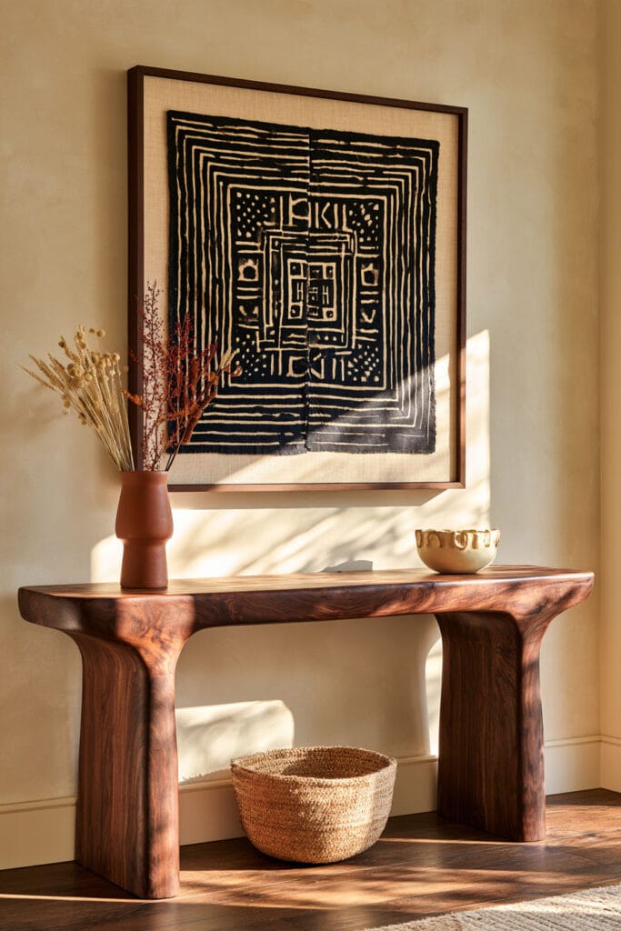 Afrohemian entryway with framed black and cream mud cloth-style textile, sculptural dark wood console, terracotta vase, and woven basket.