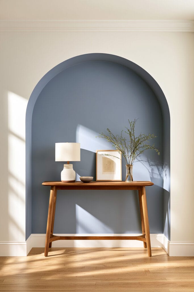 Blue painted arch behind a warm wood console table with ceramic lamp, framed art, and greenery in a neutral interior.