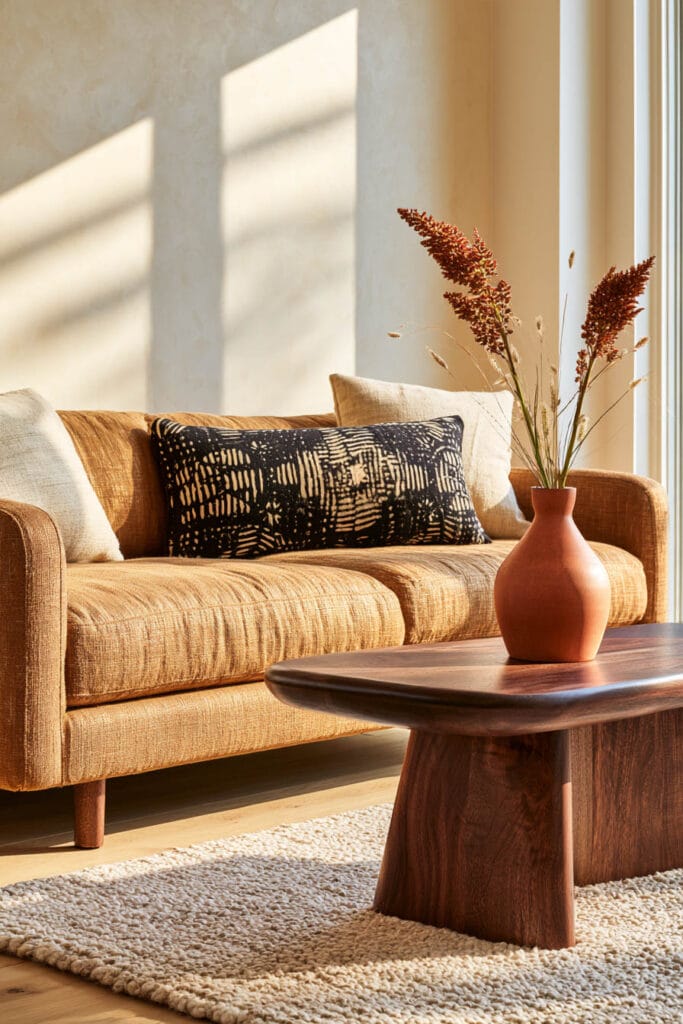 Afrohemian living room with ochre sofa, black and cream mud cloth-style pillow, dark wood coffee table, terracotta vase, and woven rug.