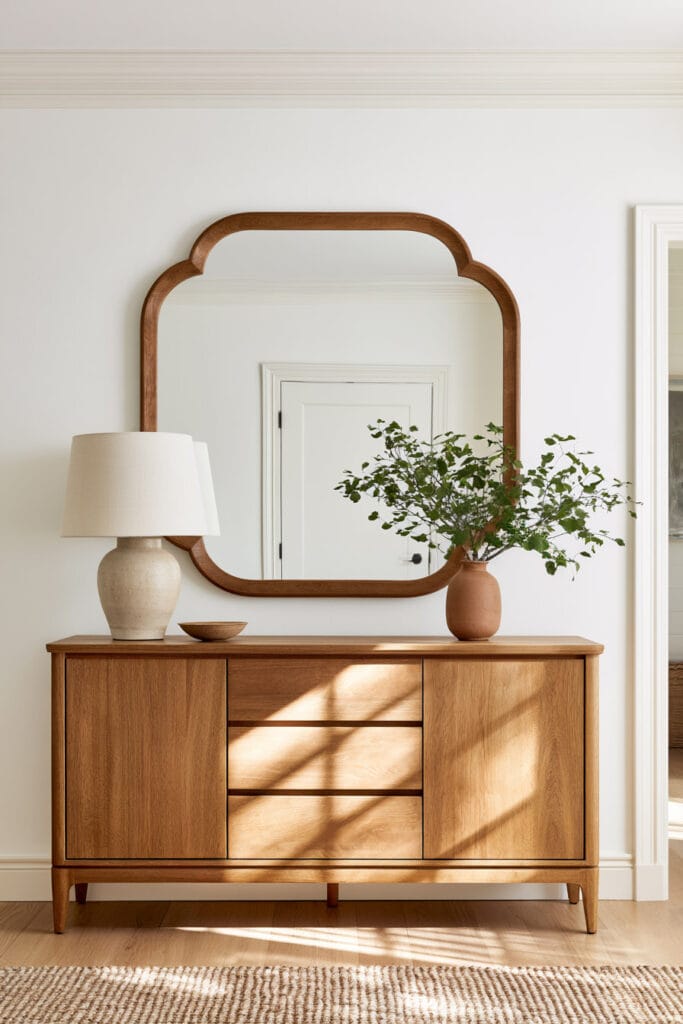 Scalloped wood-framed mirror above a warm wood console with ceramic lamp, terracotta vase, and leafy branches.