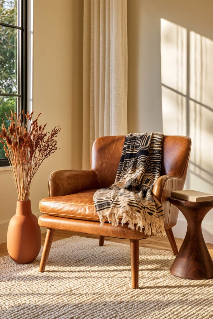 Afrohemian reading corner with cognac leather chair, black and cream mud cloth-style throw, terracotta floor vase, dark wood table, and textured rug.