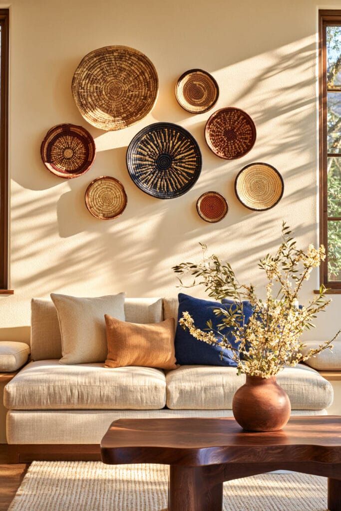 Afrohemian living room with handwoven basket gallery wall, cream sofa, indigo and caramel pillows, dark wood coffee table, and terracotta vase.