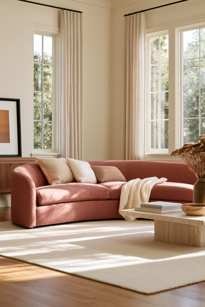 Curved dusty rose sofa in a bright living room with cream pillows, neutral rug, wood accents, and natural light.