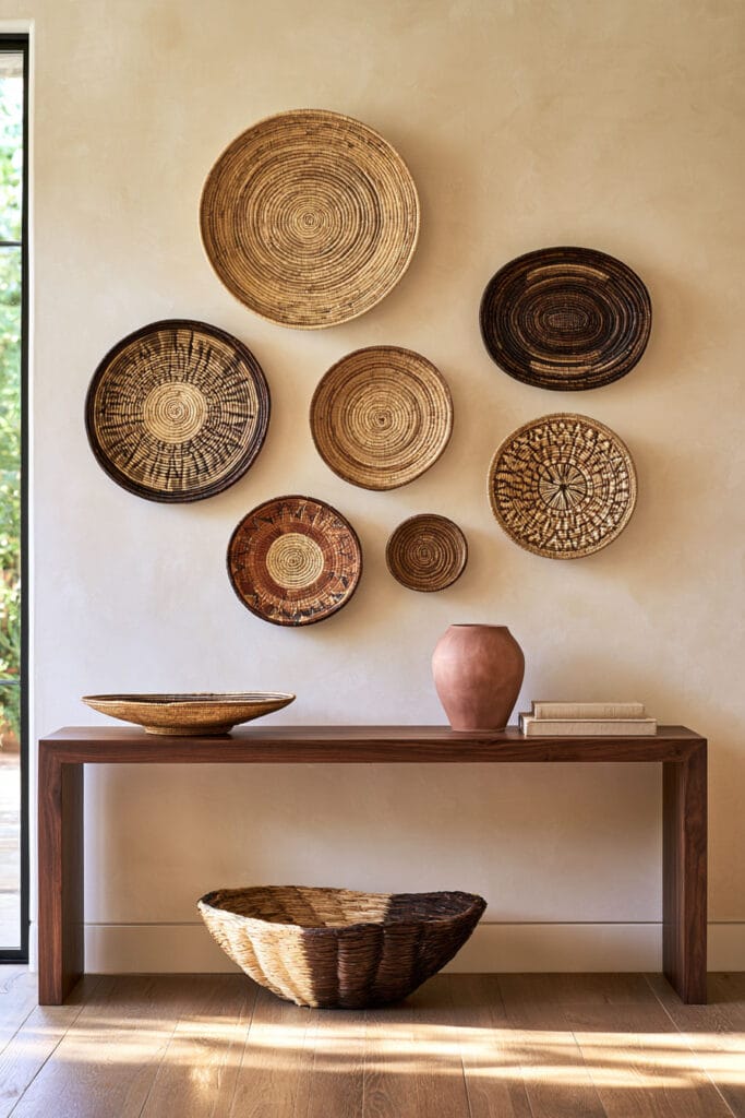 Afrohemian entryway with handwoven basket gallery wall, dark wood console table, terracotta vase, woven bowls, and natural earthy decor.