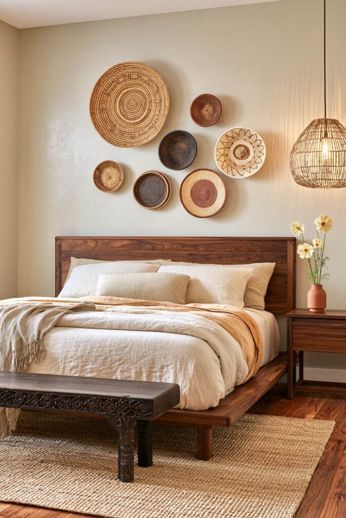 Afrohemian bedroom with handwoven basket gallery wall, dark wood bed, cream linen bedding, carved wood bench, woven rug, and rattan pendant.