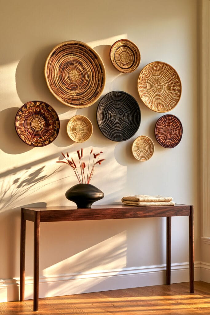 Afrohemian entryway with handwoven basket gallery wall, dark wood console table, black pottery vase, dried stems, and warm earthy decor.