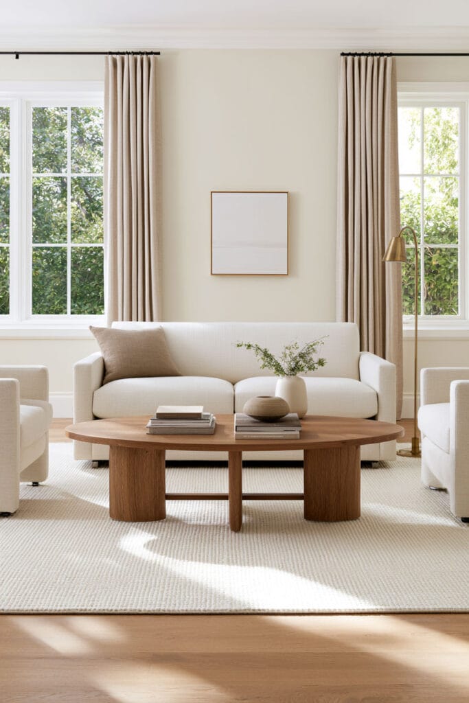 Oval wood coffee table in a bright neutral living room with cream sofa, armchairs, linen curtains, and warm natural accents.