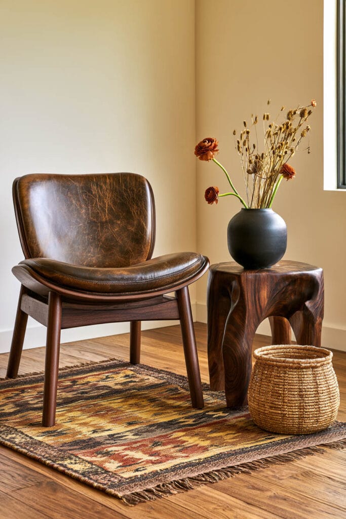 Afrohemian reading corner with earthy patterned rug, brown leather chair, sculptural dark wood table, black pottery vase, and woven basket.