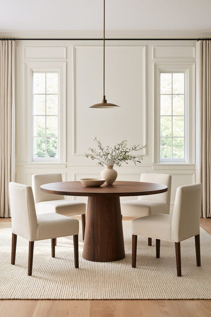 Round wood pedestal dining table with cream upholstered chairs, linen curtains, and classic wall molding in a neutral dining room.