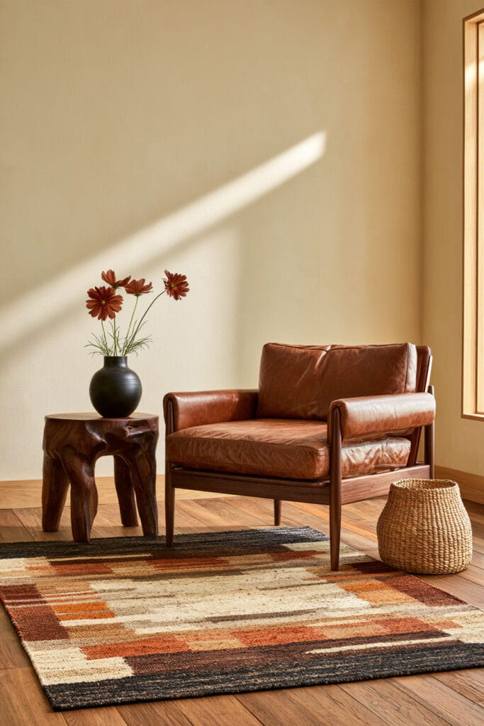 Afrohemian reading corner with geometric patterned rug, cognac leather chair, sculptural wood table, black pottery vase, and woven basket.