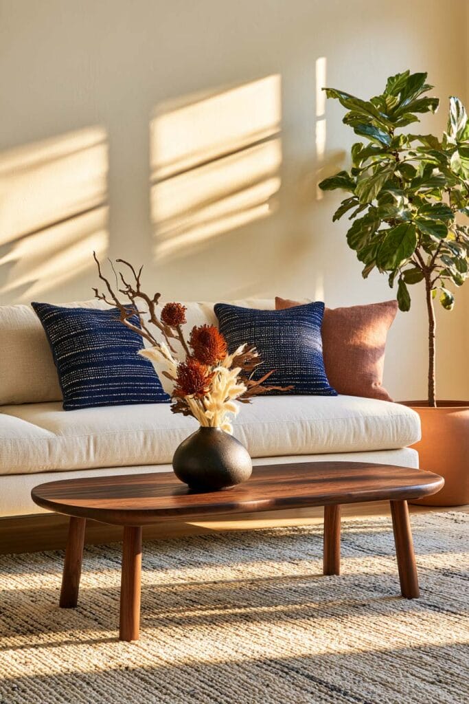 Afrohemian living room with cream sofa, indigo woven pillows, dark wood coffee table, terracotta planter, textured rug, and earthy decor.
