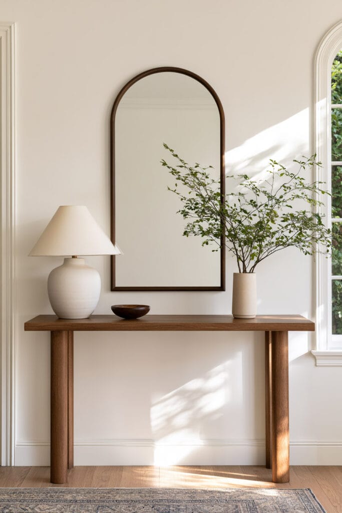 Sunlit entryway with arched wood mirror, walnut console table, ceramic lamp, and natural greenery.