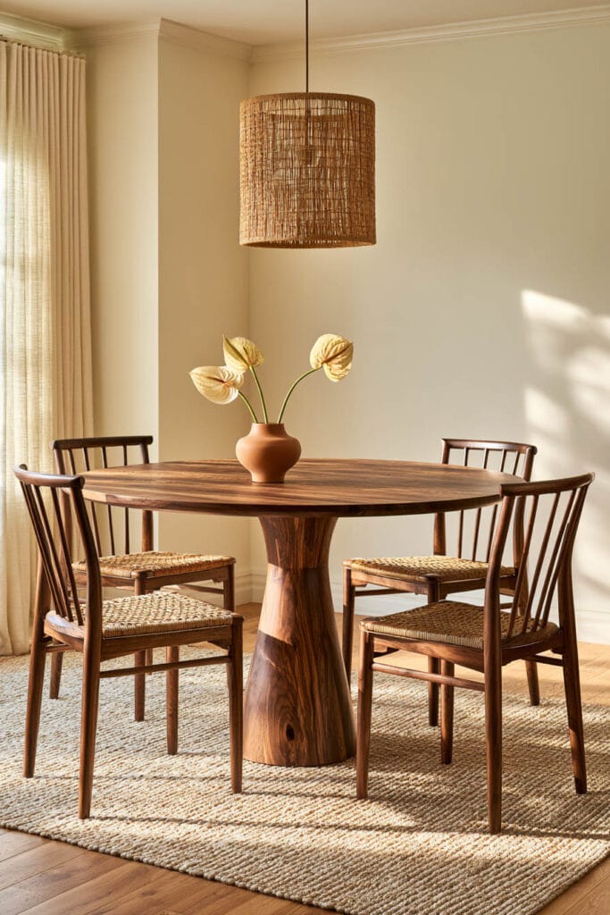 Afrohemian dining room with sculptural wood pedestal table, dark wood chairs with woven seats, rattan pendant light, terracotta vase, and natural rug.
