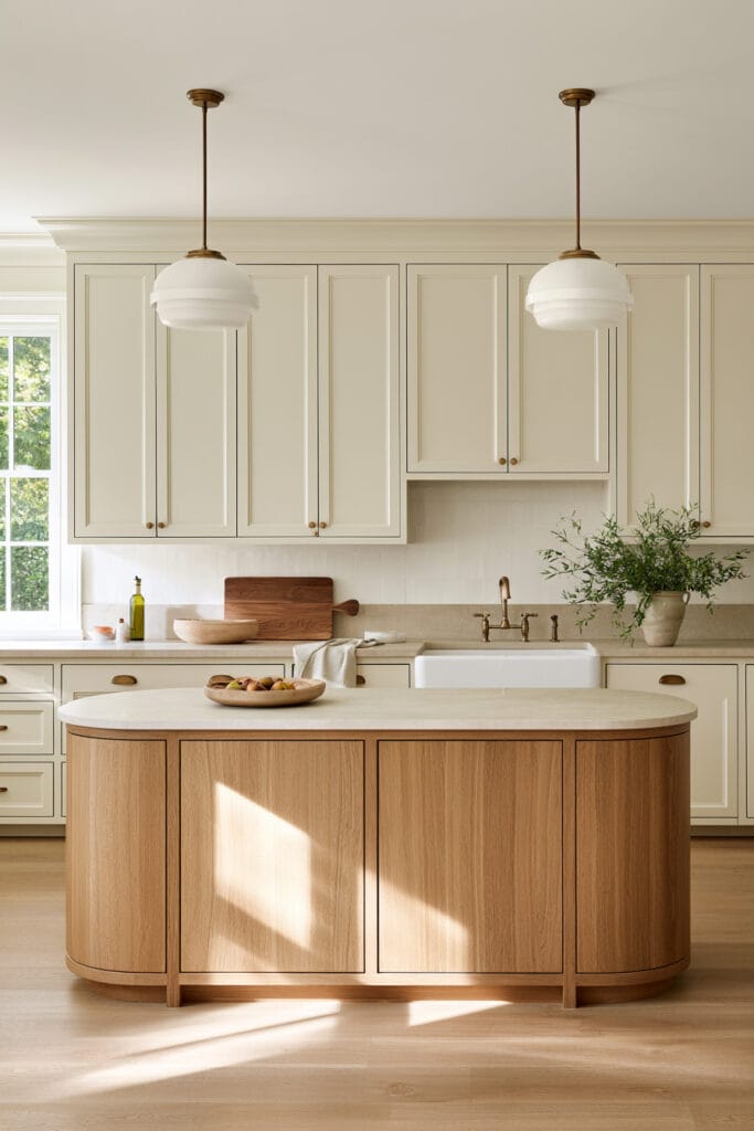 Curved wood kitchen island with rounded ends, pale stone countertop, cream cabinetry, globe pendant lights, and warm brass accents.