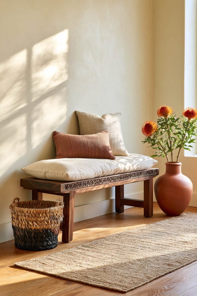 Afrohemian entryway with carved dark wood bench, cream and rust cushions, woven basket, terracotta floor vase, and natural textured rug.