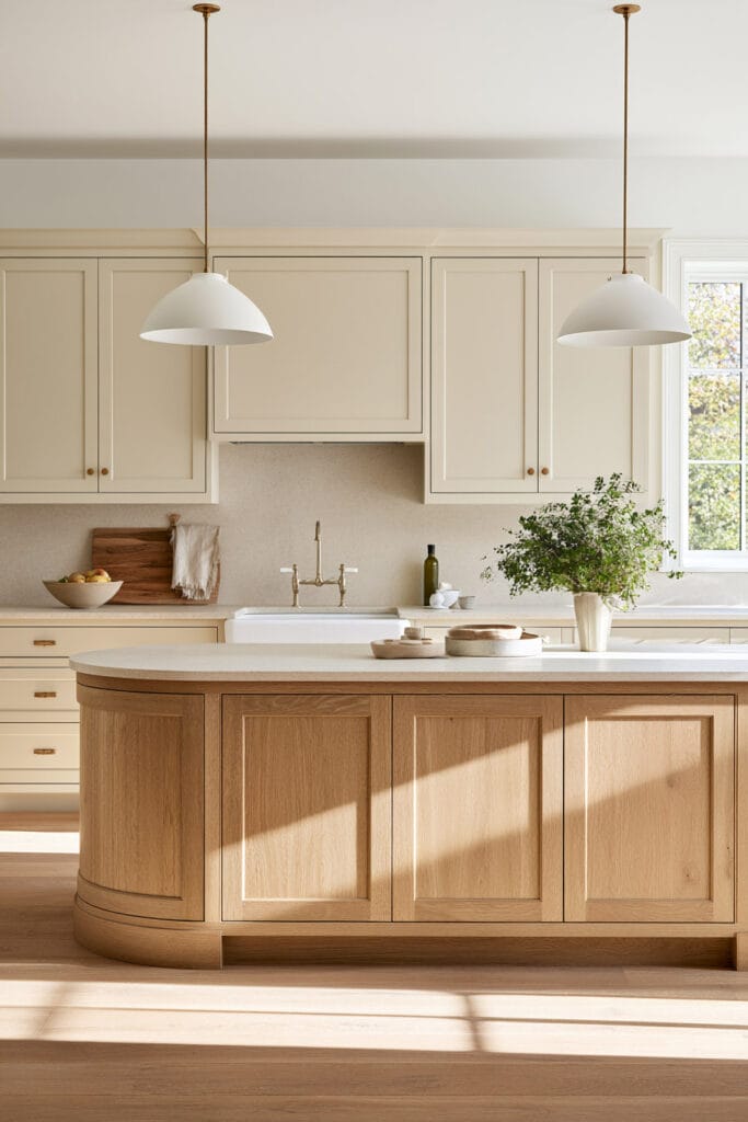 Curved wood kitchen island with rounded end, stone countertop, cream cabinetry, white pendant lights, and brass hardware.
