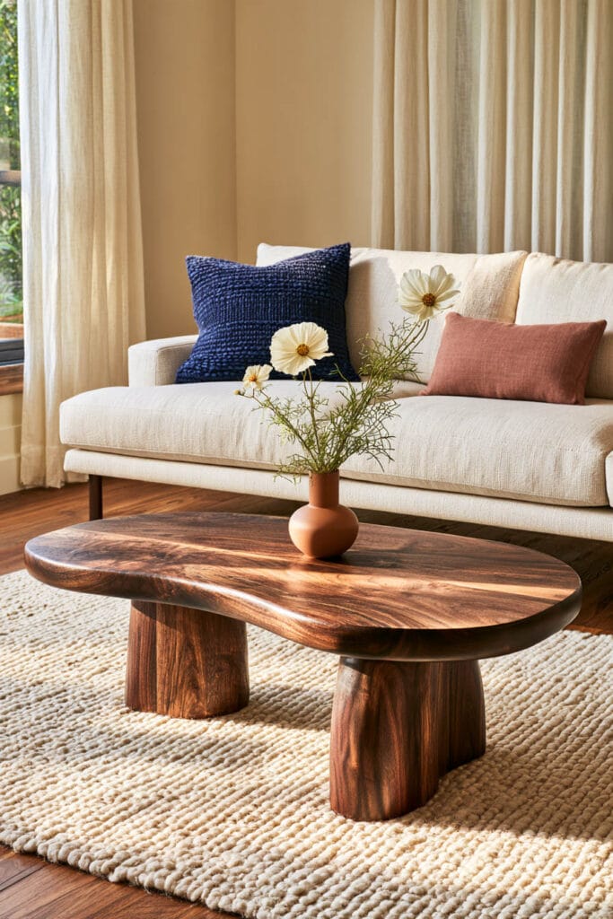 Afrohemian living room with sculptural dark wood coffee table, cream sofa, indigo and rust pillows, terracotta vase, and textured rug.