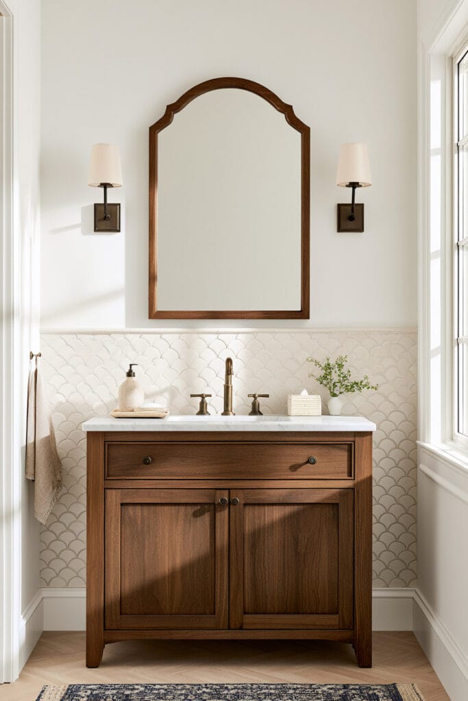 Bathroom with arched wood mirror, scalloped white tile, dark wood vanity, marble countertop, and warm metal fixtures.