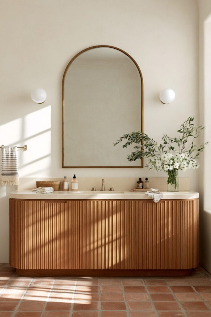 Warm bathroom with arched brass mirror, curved fluted wood vanity, globe sconces, terracotta tile floor, and natural greenery.